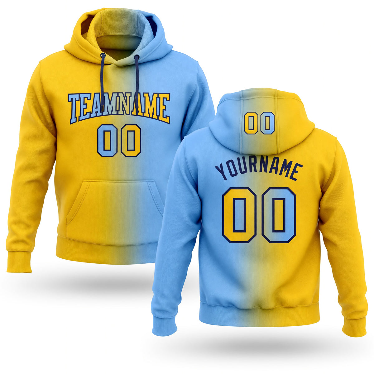 Custom Stitched Light Blue Yellow-Navy Gradient Fashion Sports Pullover Sweatshirt Hoodie