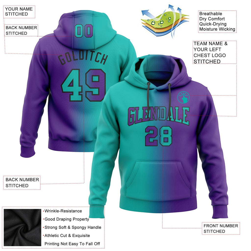 Custom Stitched Purple Aqua-Black Gradient Fashion Sports Pullover Sweatshirt Hoodie photo 2
