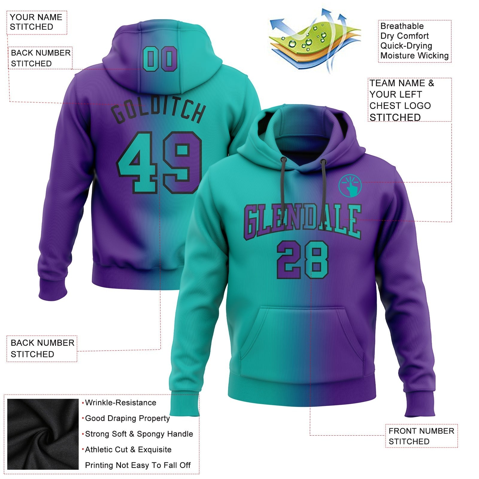 Custom Stitched Purple Aqua-Black Gradient Fashion Sports Pullover Sweatshirt Hoodie photo 2