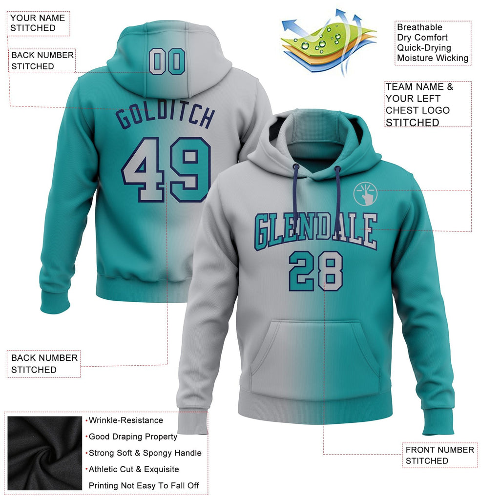 Custom Stitched Teal Gray-Navy Gradient Fashion Sports Pullover Sweatshirt Hoodie photo 2