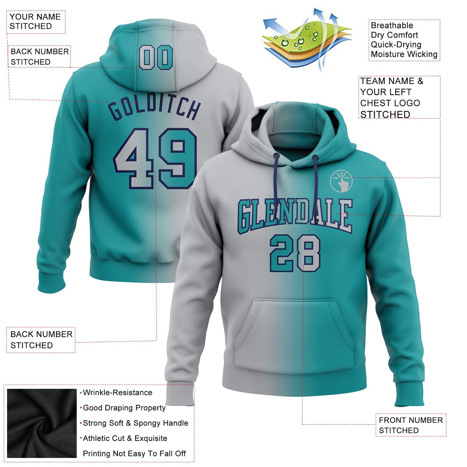 Custom Stitched Teal Gray-Navy Gradient Fashion Sports Pullover Sweatshirt Hoodie photo 2