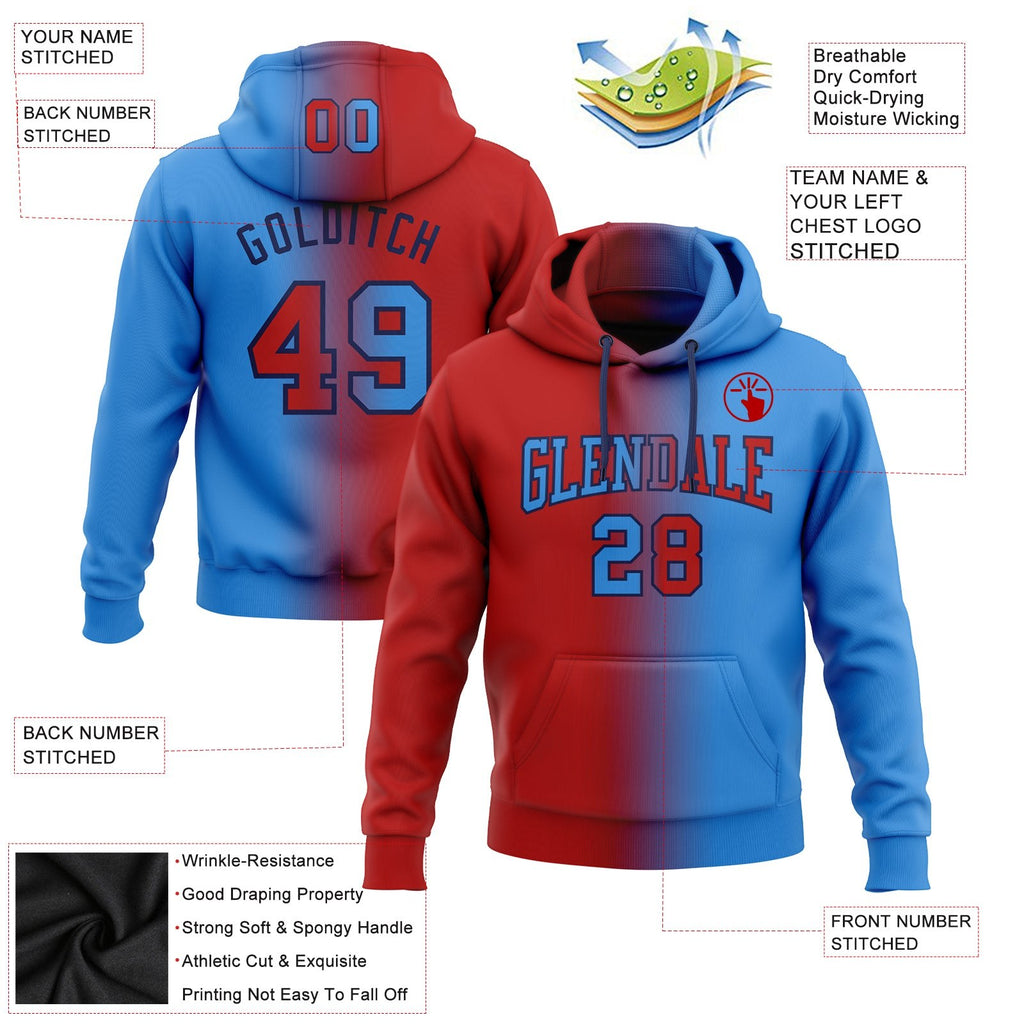 Custom Stitched Powder Blue Red-Navy Gradient Fashion Sports Pullover Sweatshirt Hoodie photo 2