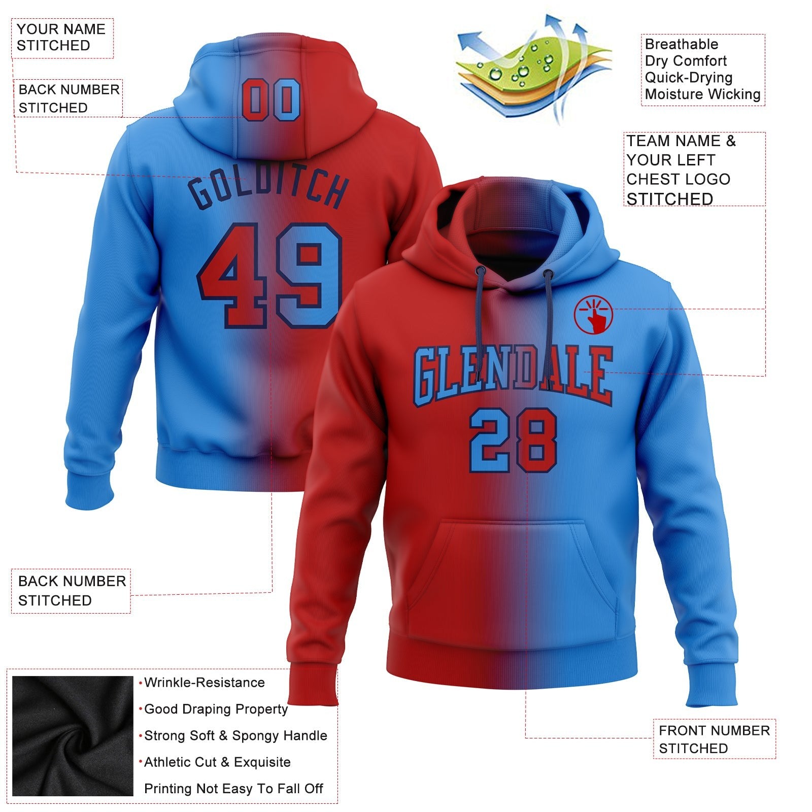 Custom Stitched Powder Blue Red-Navy Gradient Fashion Sports Pullover Sweatshirt Hoodie photo 2