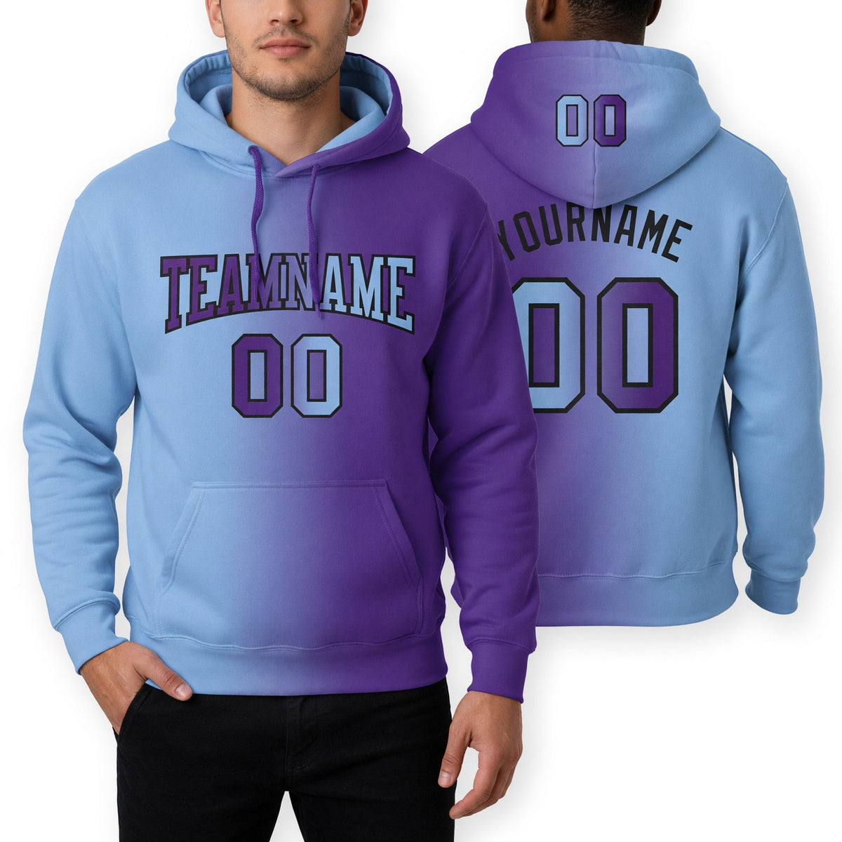 Custom Stitched Purple Light Blue-Black Gradient Fashion Sports Pullover Sweatshirt Hoodie worn front and back