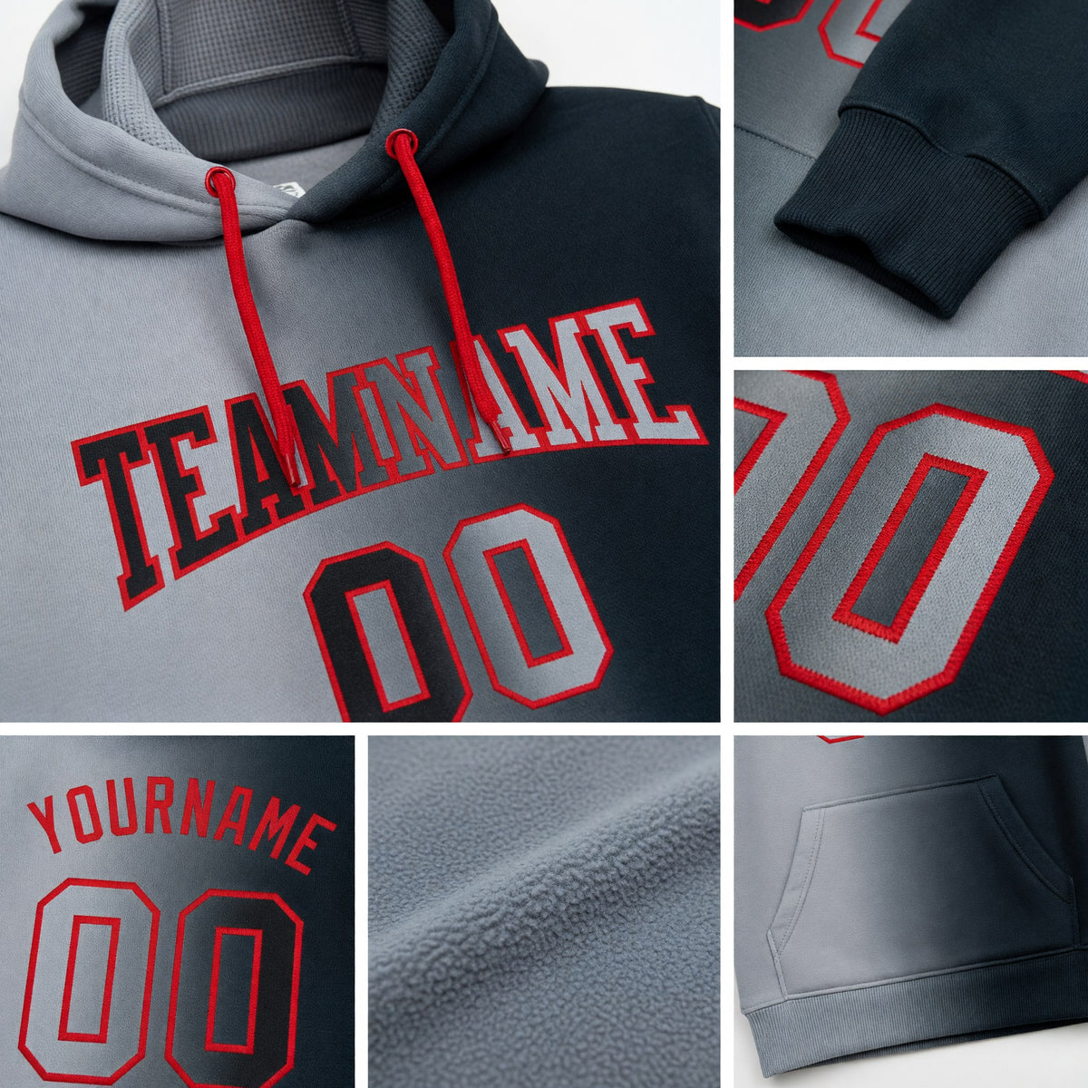 Custom Stitched Black Gray-Red Gradient Fashion Sports Pullover Sweatshirt Hoodie detail