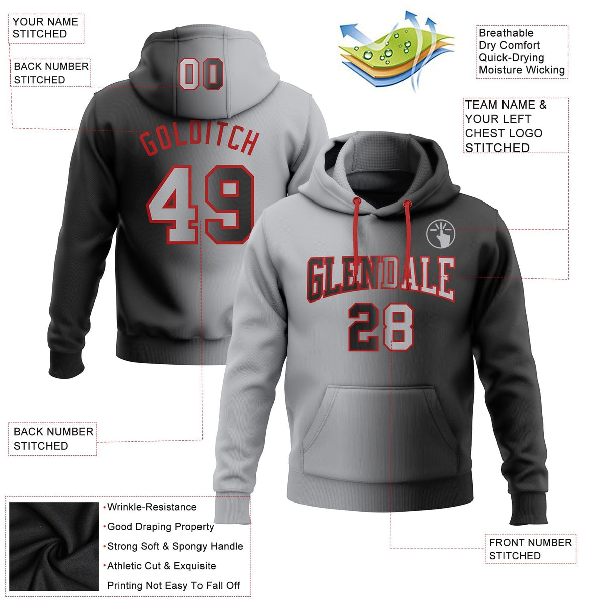 Custom Stitched Black Gray-Red Gradient Fashion Sports Pullover Sweatshirt Hoodie photo 2