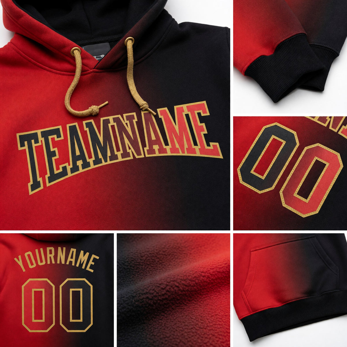 Custom Stitched Black Red-Old Gold Gradient Fashion Sports Pullover Sweatshirt Hoodie detail