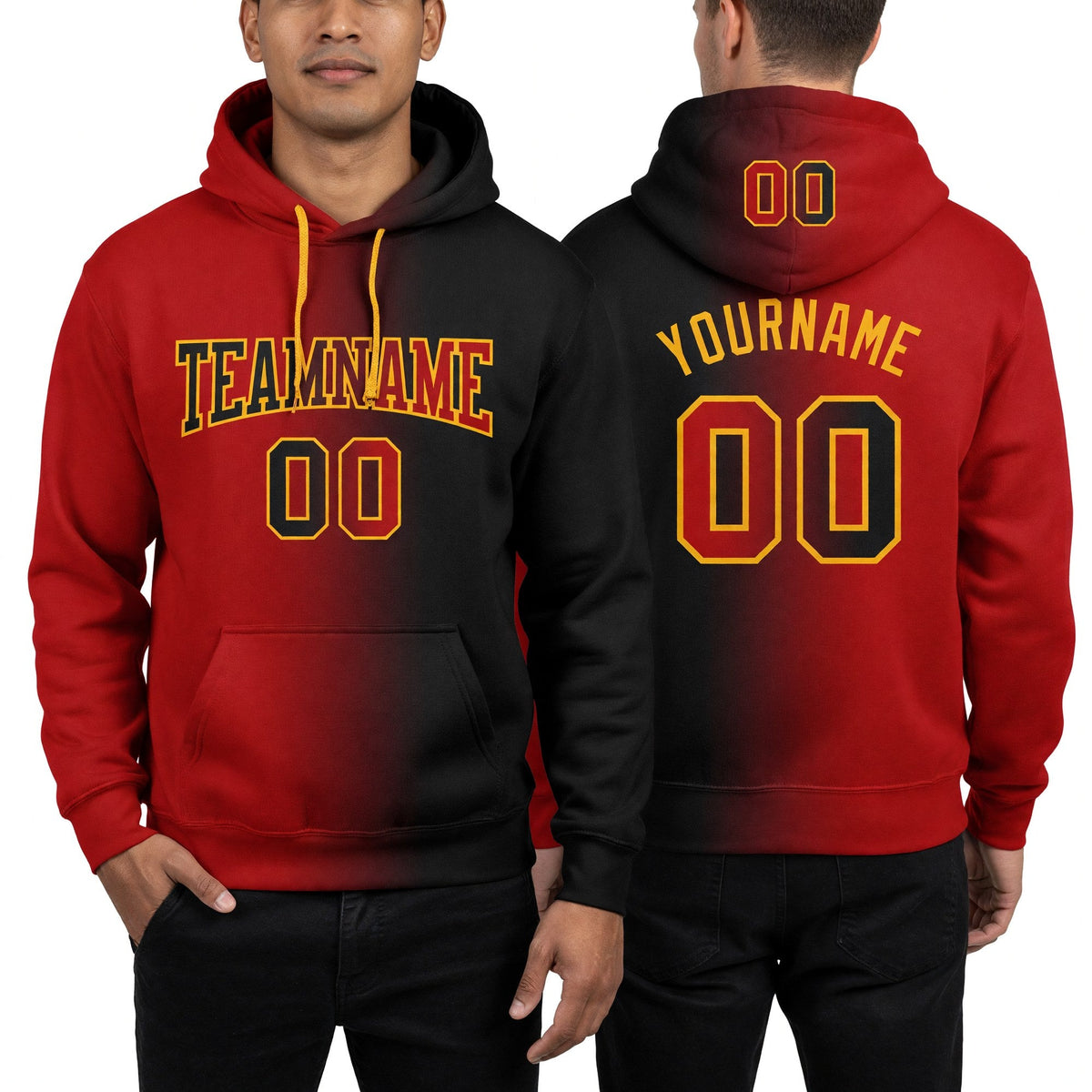 Custom Stitched Black Red-Gold Gradient Fashion Sports Pullover Sweatshirt Hoodie worn front and back