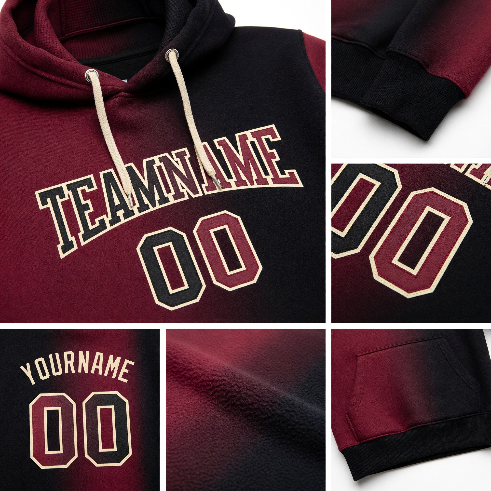 Custom Stitched Black Crimson-City Cream Gradient Fashion Sports Pullover Sweatshirt Hoodie detail