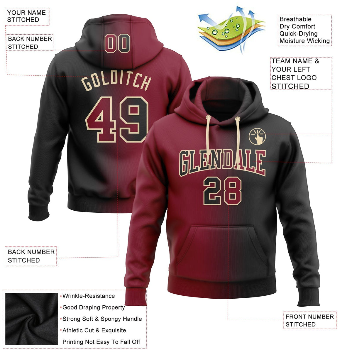 Custom Stitched Black Crimson-City Cream Gradient Fashion Sports Pullover Sweatshirt Hoodie photo 2
