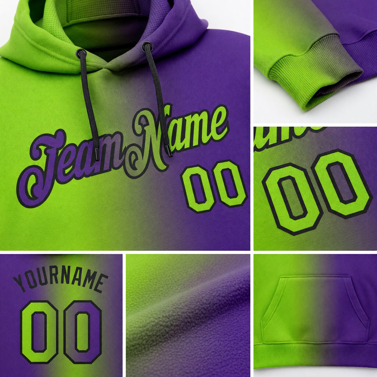 Custom Stitched Purple Neon Green-Black Gradient Fashion Sports Pullover Sweatshirt Hoodie detail