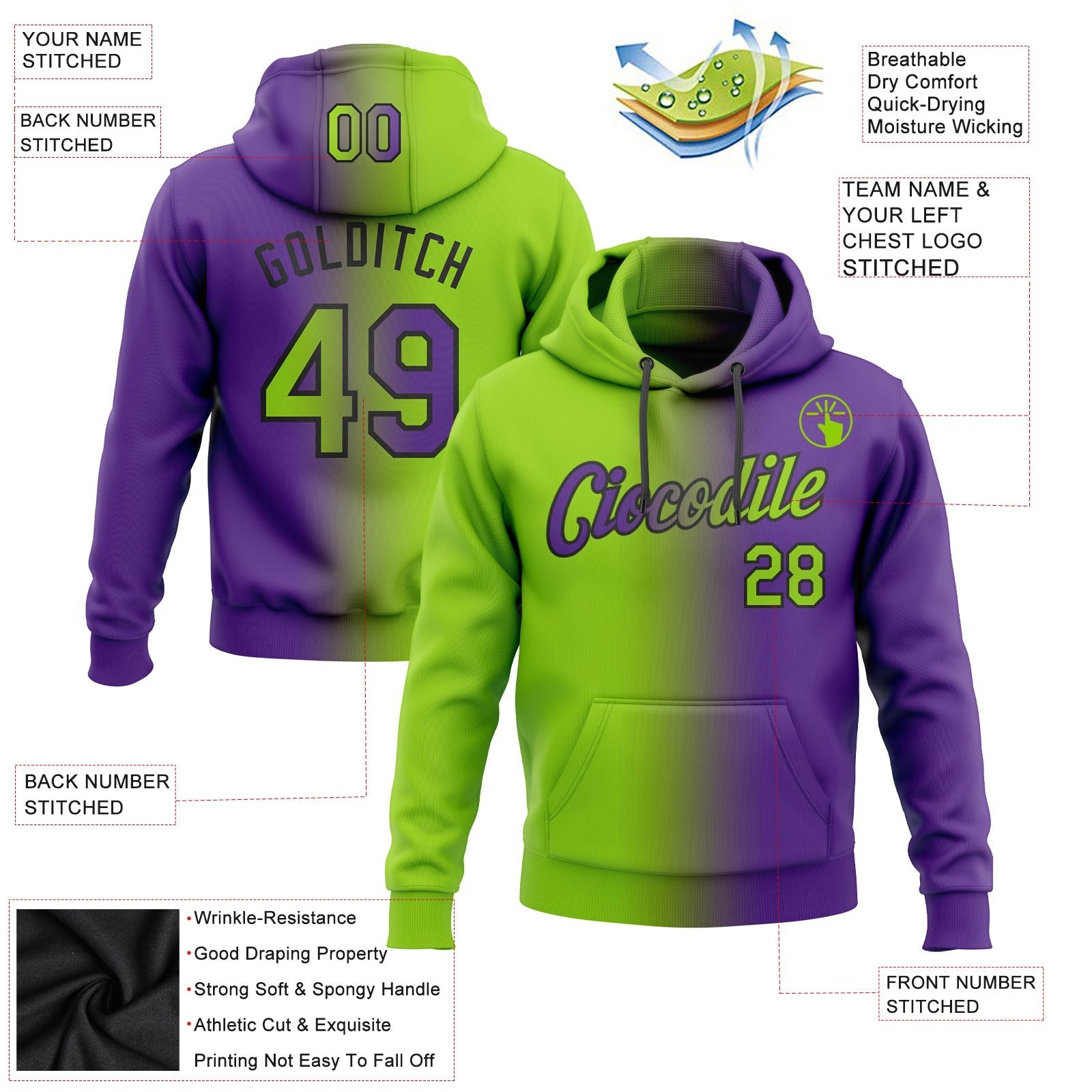 Custom Stitched Purple Neon Green-Black Gradient Fashion Sports Pullover Sweatshirt Hoodie photo 2
