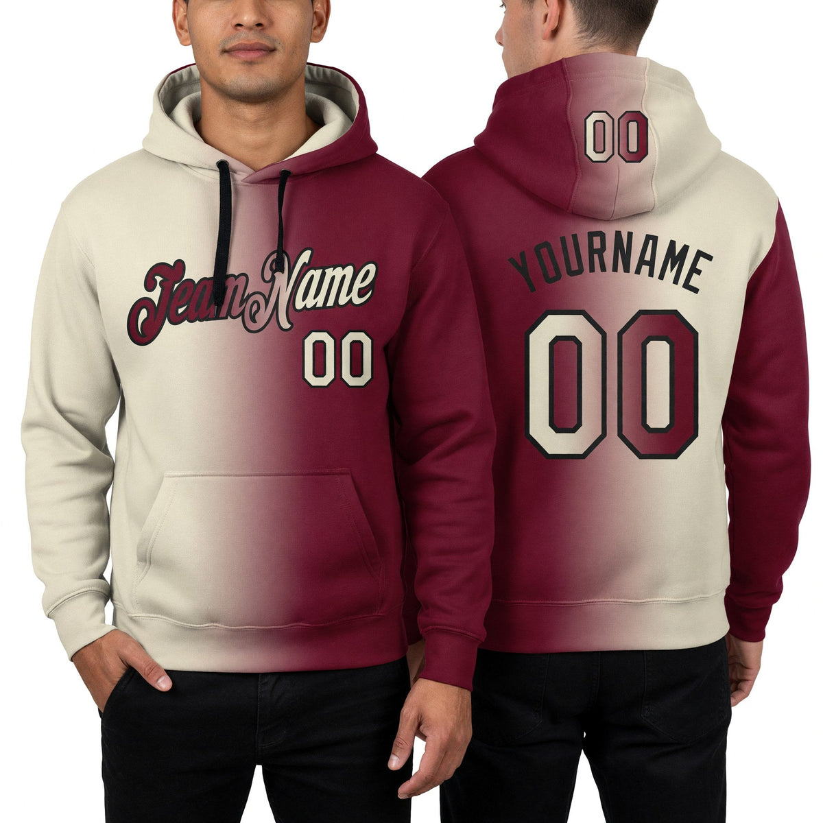Custom Stitched Maroon Cream-Black Gradient Fashion Sports Pullover Sweatshirt Hoodie worn front and back