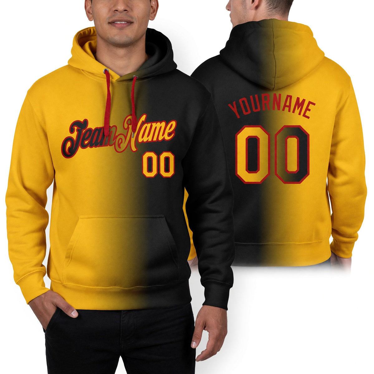 Custom Stitched Black Gold-Red Gradient Fashion Sports Pullover Sweatshirt Hoodie worn front and back
