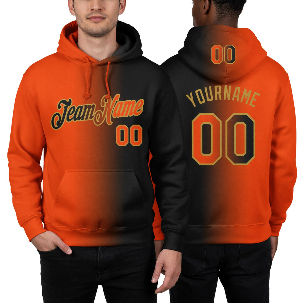 Custom Stitched Black Orange-Old Gold Gradient Fashion Sports Pullover Sweatshirt Hoodie worn front and back
