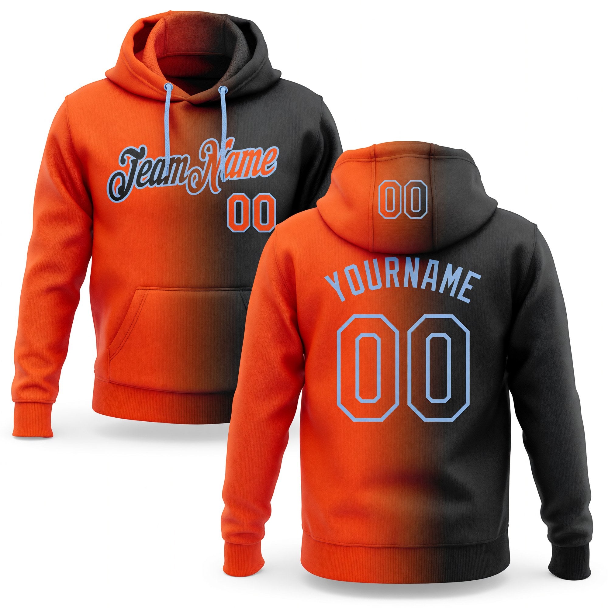 Custom Stitched Black Orange-Light Blue Gradient Fashion Sports Pullover Sweatshirt Hoodie