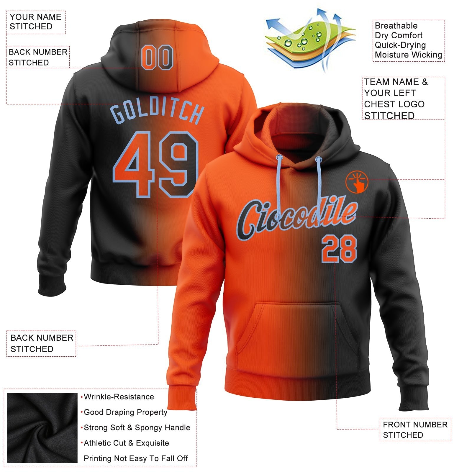 Custom Stitched Black Orange-Light Blue Gradient Fashion Sports Pullover Sweatshirt Hoodie photo 2
