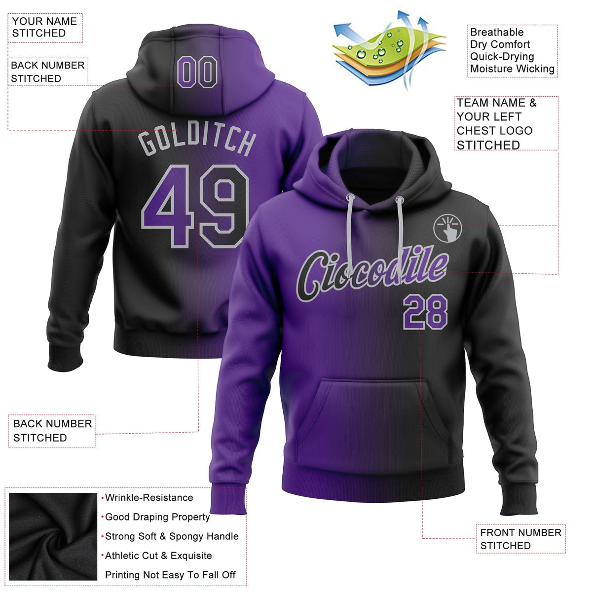 Custom Stitched Black Purple-Gray Gradient Fashion Sports Pullover Sweatshirt Hoodie photo 2