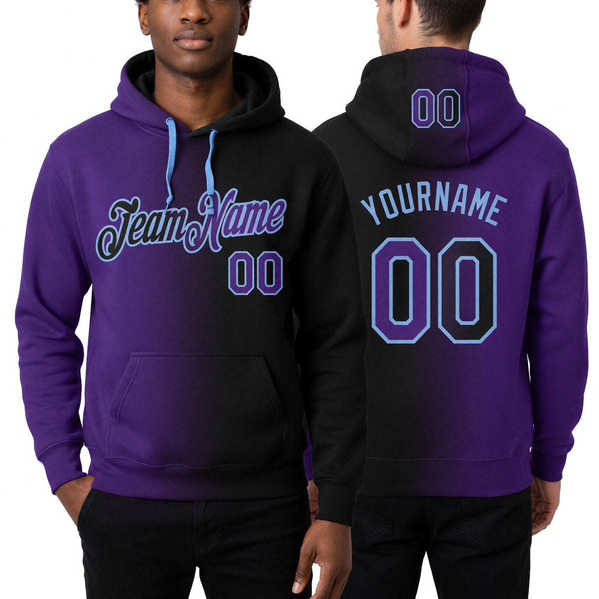 Custom Stitched Black Purple-Light Blue Gradient Fashion Sports Pullover Sweatshirt Hoodie worn front and back