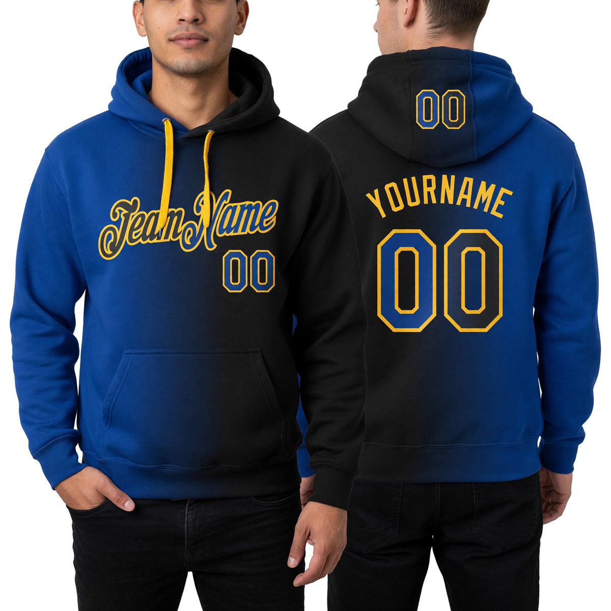 Custom Stitched Black Royal-Gold Gradient Fashion Sports Pullover Sweatshirt Hoodie worn front and back