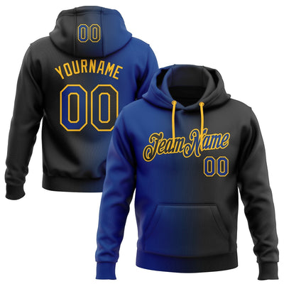 Custom Black Gradient Pullover Hoodie with Royal and Gold Lettering