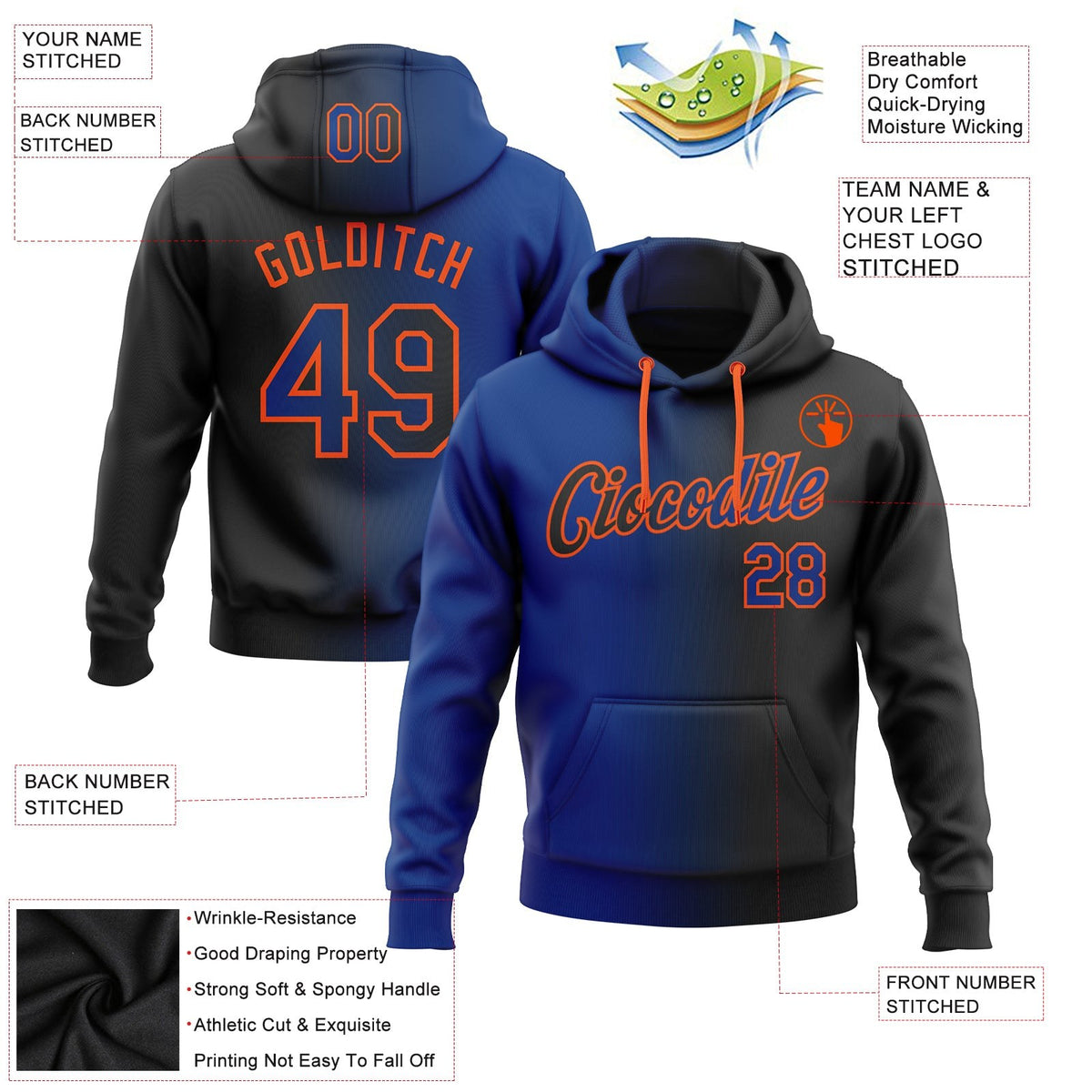 Custom Stitched Black Royal-Orange Gradient Fashion Sports Pullover Sweatshirt Hoodie photo 2