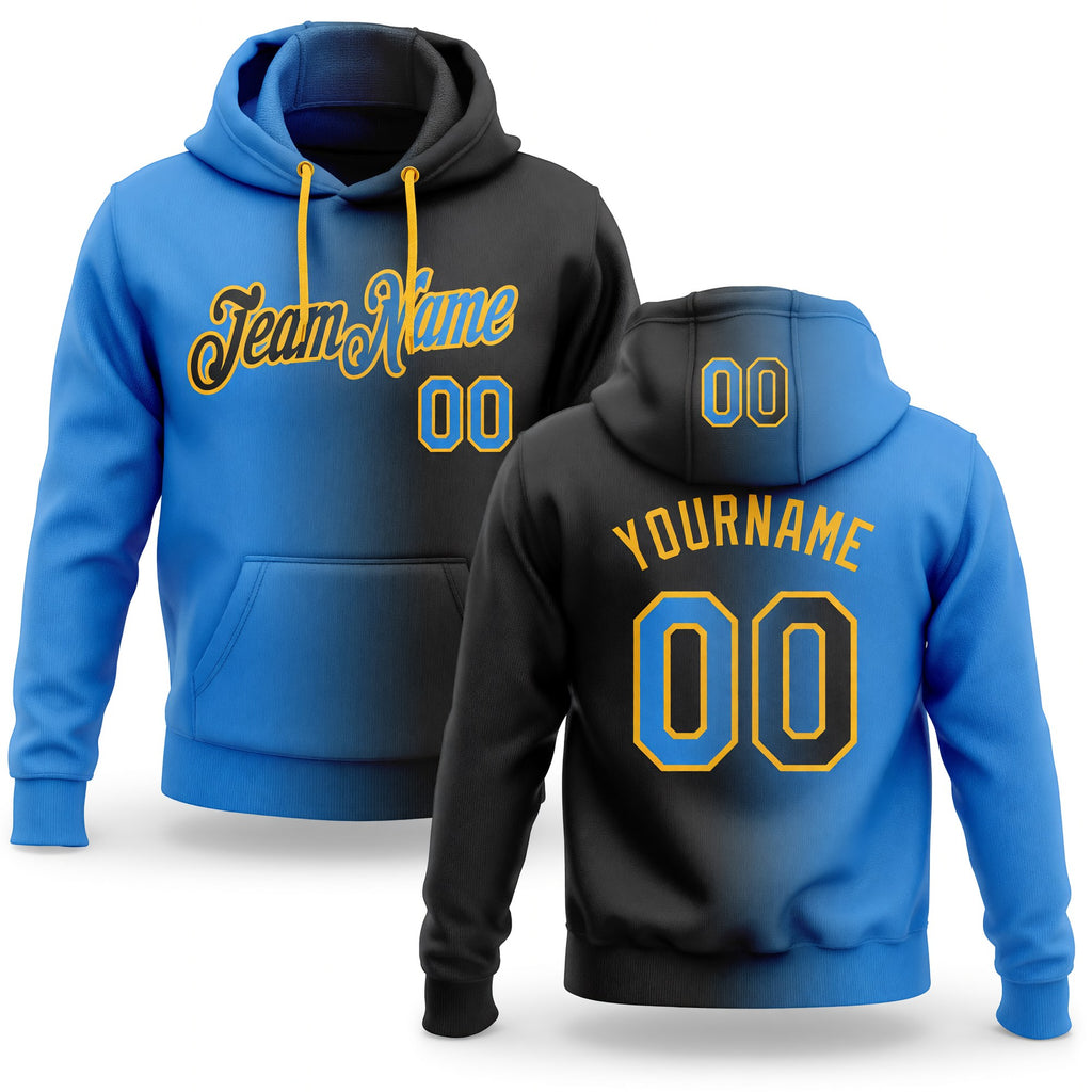 Custom Stitched Black Powder Blue-Gold Gradient Fashion Sports Pullover Sweatshirt Hoodie