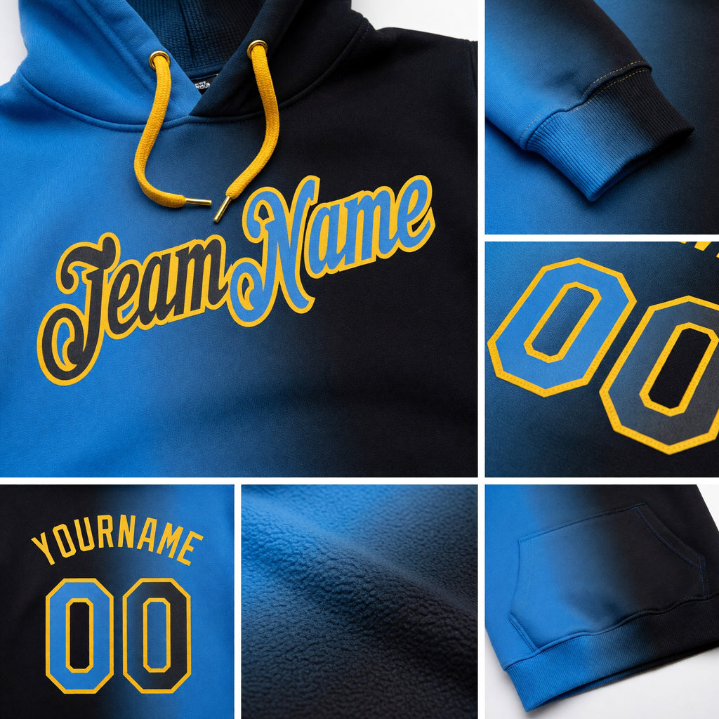 Custom Stitched Black Powder Blue-Gold Gradient Fashion Sports Pullover Sweatshirt Hoodie detail