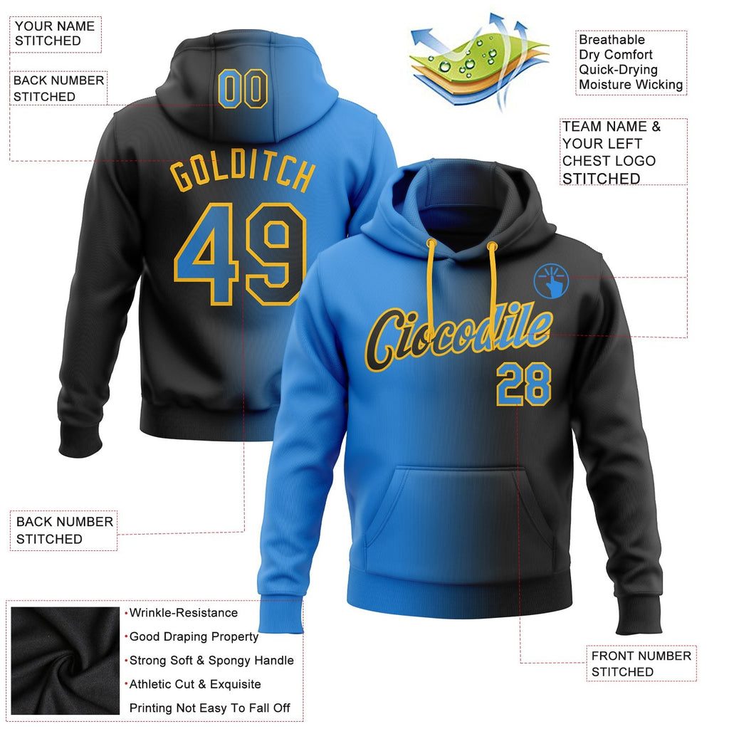 Custom Stitched Black Powder Blue-Gold Gradient Fashion Sports Pullover Sweatshirt Hoodie photo 3