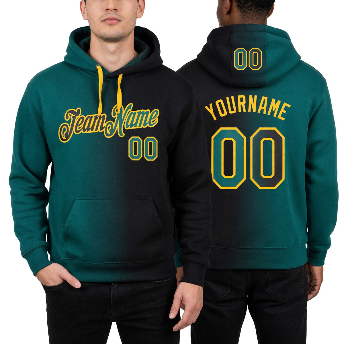 Custom Stitched Black Teal-Gold Gradient Fashion Sports Pullover Sweatshirt Hoodie worn front and back
