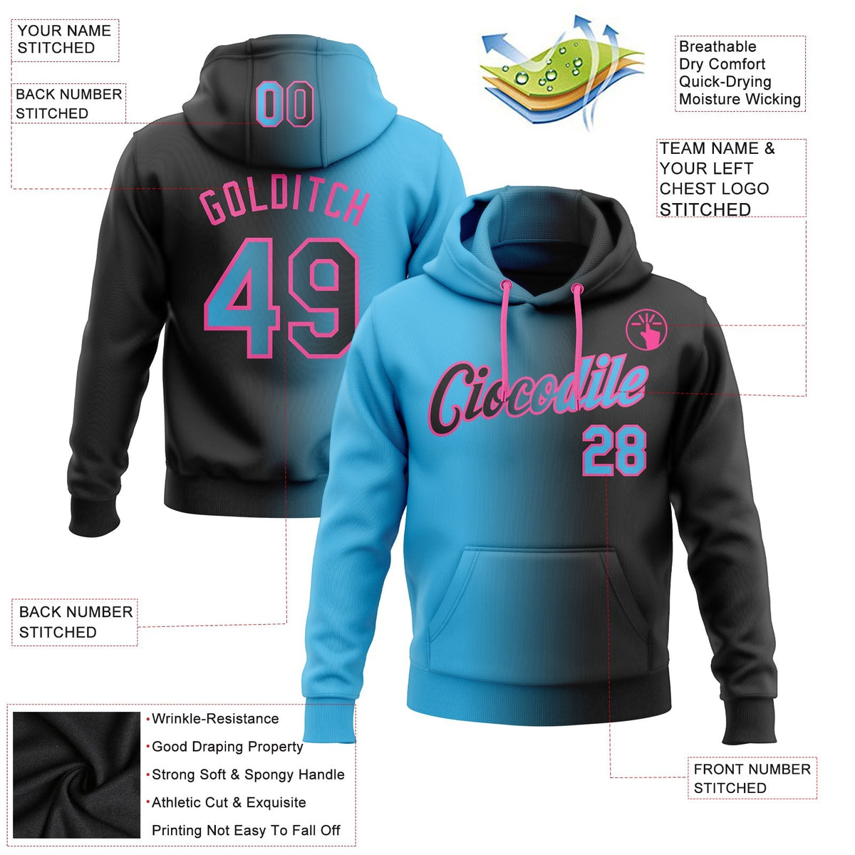 Custom Stitched Black Sky Blue-Pink Gradient Fashion Sports Pullover Sweatshirt Hoodie photo 2