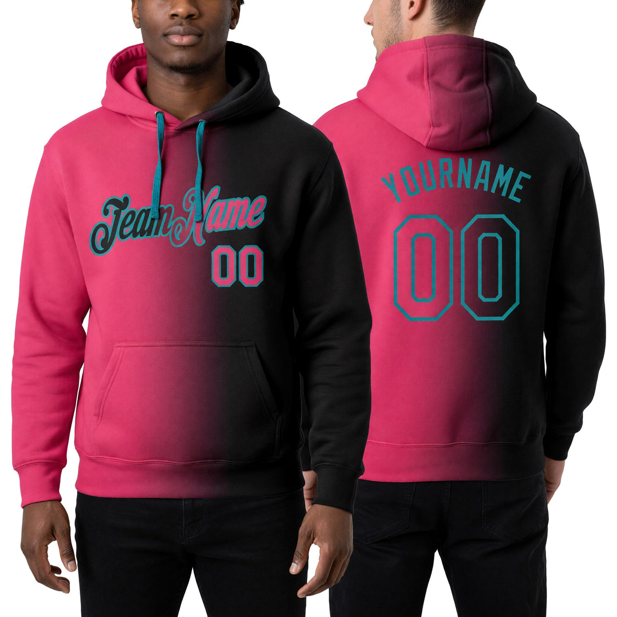 Custom Stitched Black Neon Pink-Teal Gradient Fashion Sports Pullover Sweatshirt Hoodie worn front and back