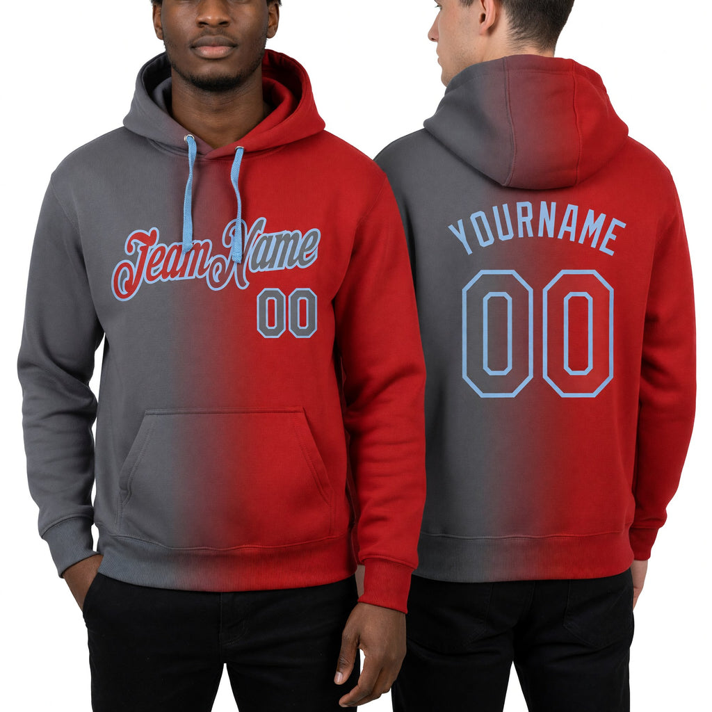 Custom Stitched Red Steel Gray-Light Blue Gradient Fashion Sports Pullover Sweatshirt Hoodie worn front and back