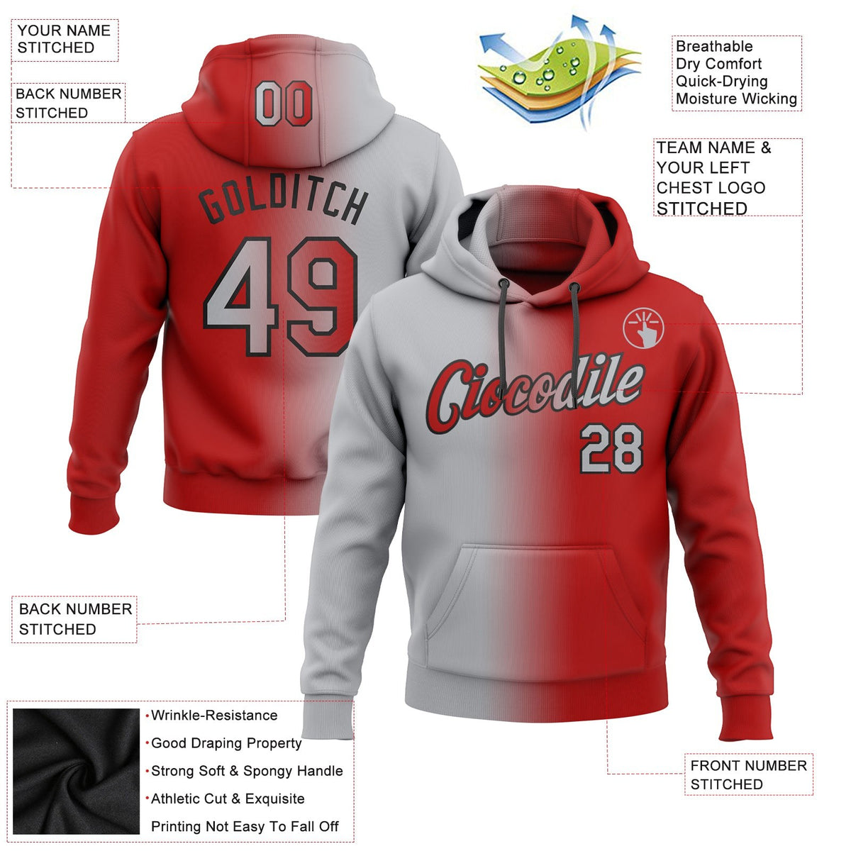 Custom Stitched Red Gray-Black Gradient Fashion Sports Pullover Sweatshirt Hoodie photo 2