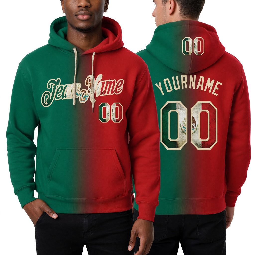 Custom Stitched Red Vintage Mexican Flag Kelly Green-City Cream Gradient Fashion Sports Pullover Sweatshirt Hoodie worn front and back