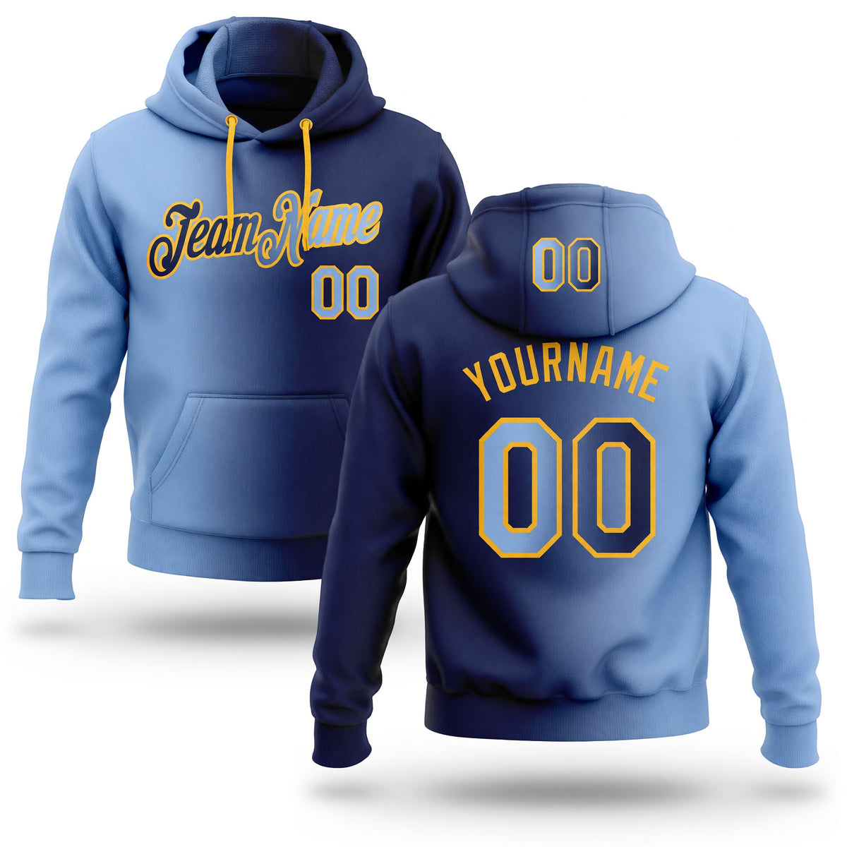 Custom Stitched Navy Light Blue-Gold Gradient Fashion Sports Pullover Sweatshirt Hoodie