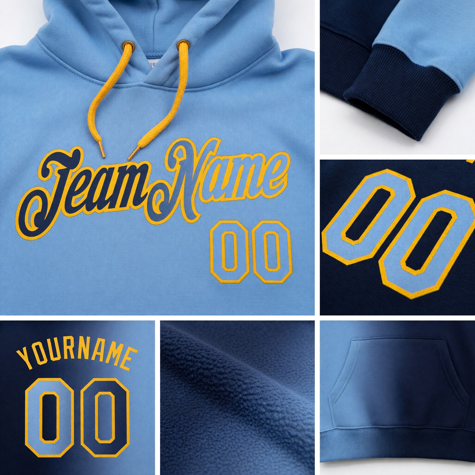 Custom Stitched Navy Light Blue-Gold Gradient Fashion Sports Pullover Sweatshirt Hoodie detail