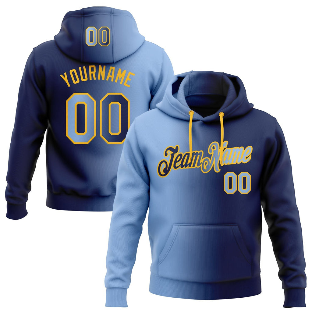 Custom Stitched Navy Light Blue-Gold Gradient Fashion Sports Pullover Sweatshirt Hoodie photo 1