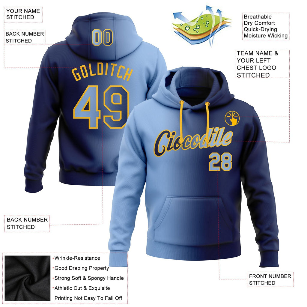 Custom Stitched Navy Light Blue-Gold Gradient Fashion Sports Pullover Sweatshirt Hoodie photo 2