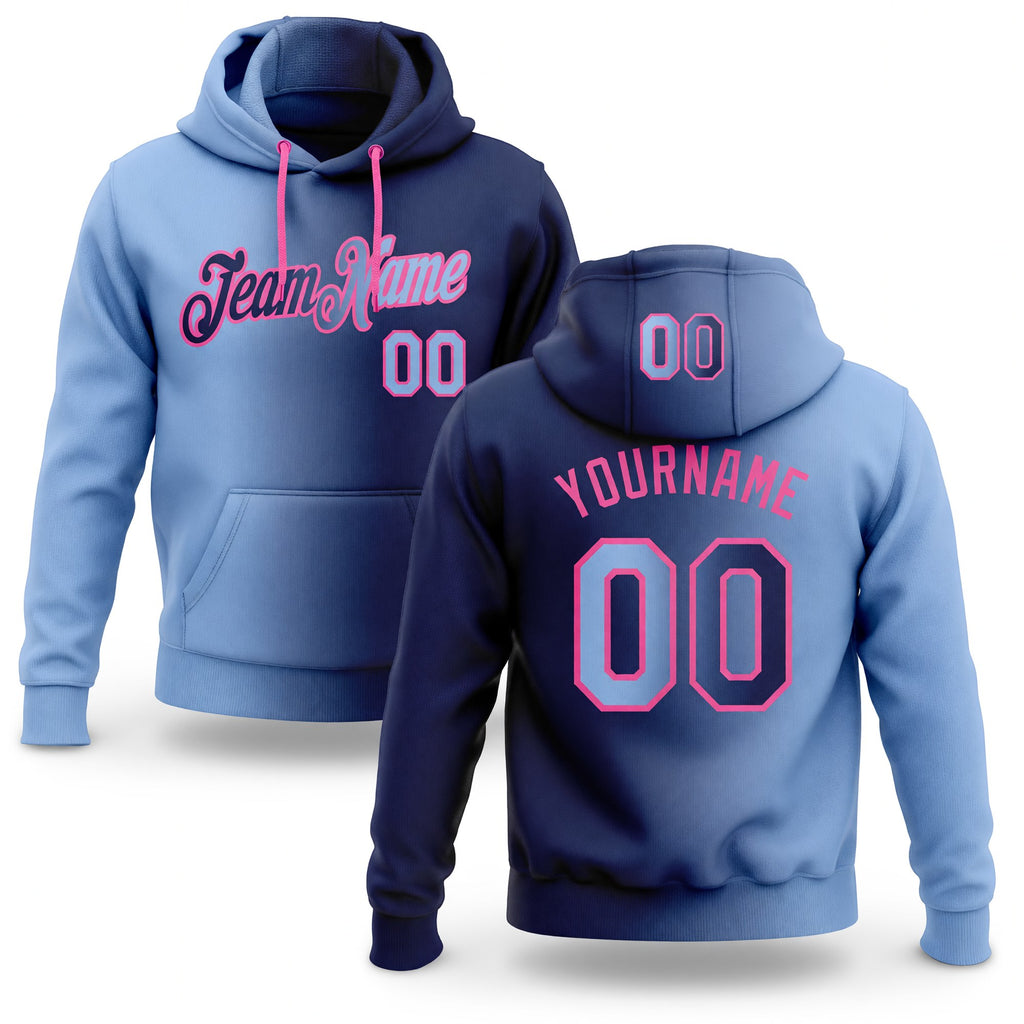 Custom Stitched Navy Light Blue-Pink Gradient Fashion Sports Pullover Sweatshirt Hoodie