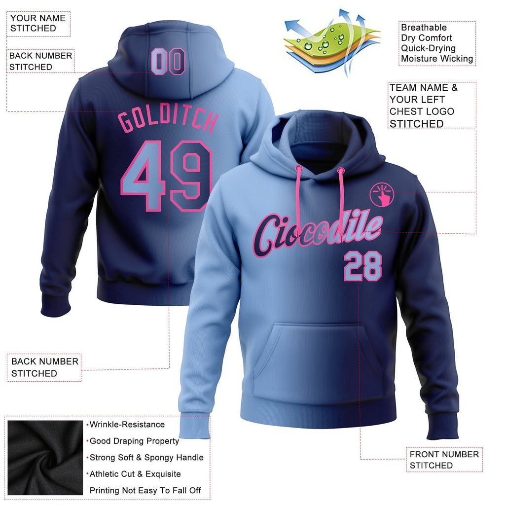 Custom Stitched Navy Light Blue-Pink Gradient Fashion Sports Pullover Sweatshirt Hoodie photo 2