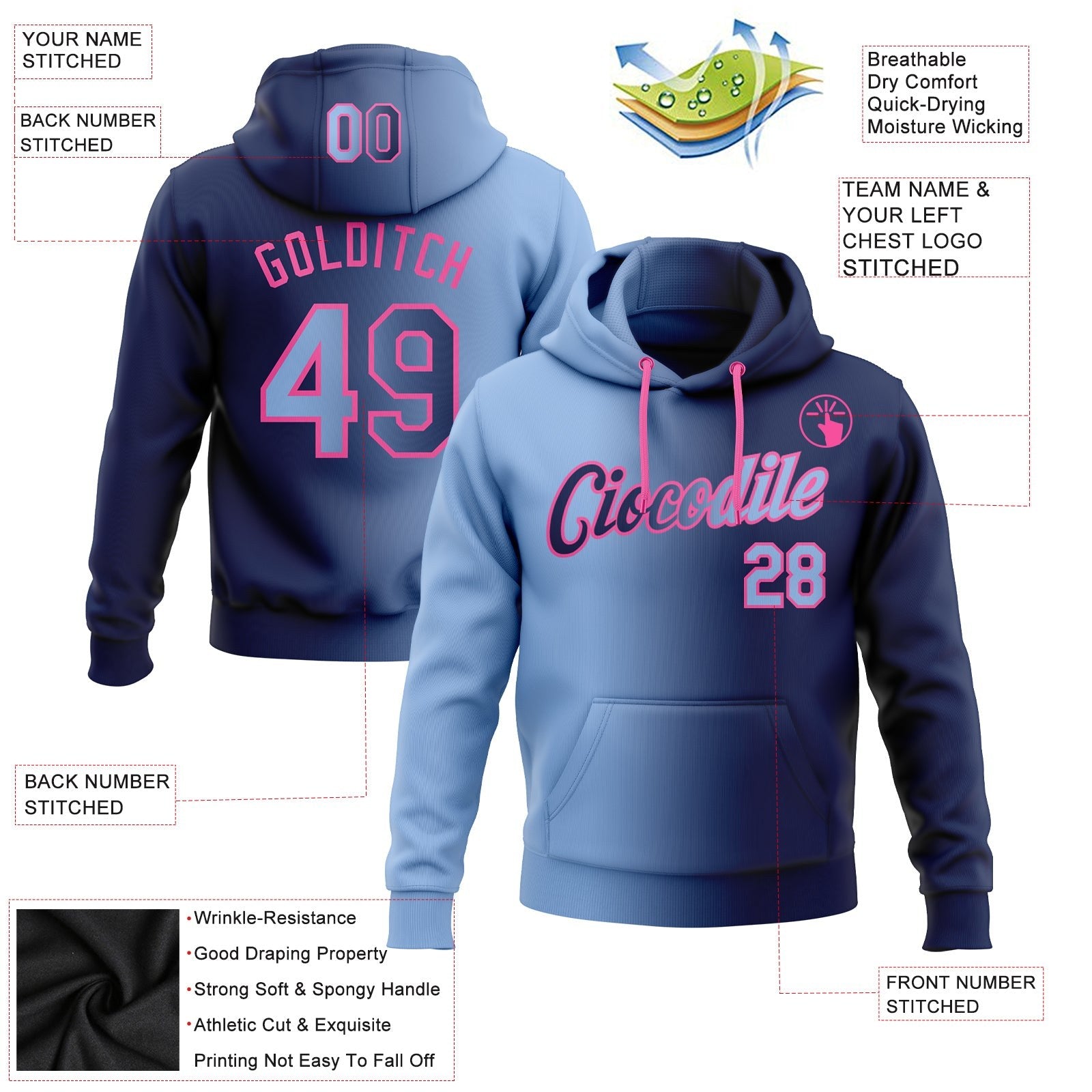 Custom Stitched Navy Light Blue-Pink Gradient Fashion Sports Pullover Sweatshirt Hoodie photo 2