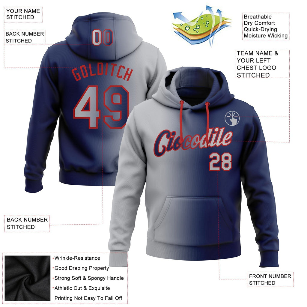 Custom Stitched Navy Gray-Red Gradient Fashion Sports Pullover Sweatshirt Hoodie photo 2