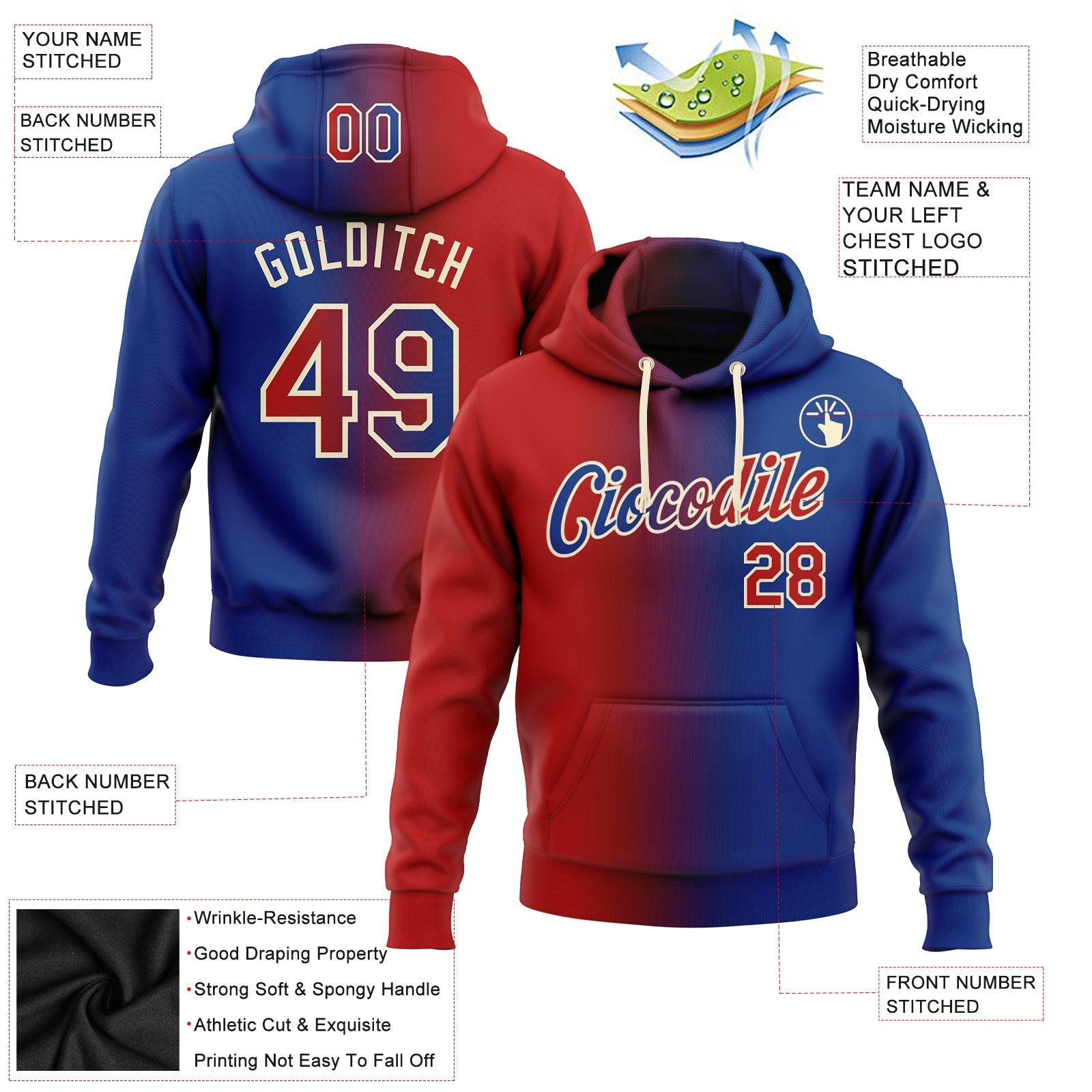 Custom Stitched Royal Red-Cream Gradient Fashion Sports Pullover Sweatshirt Hoodie photo 2
