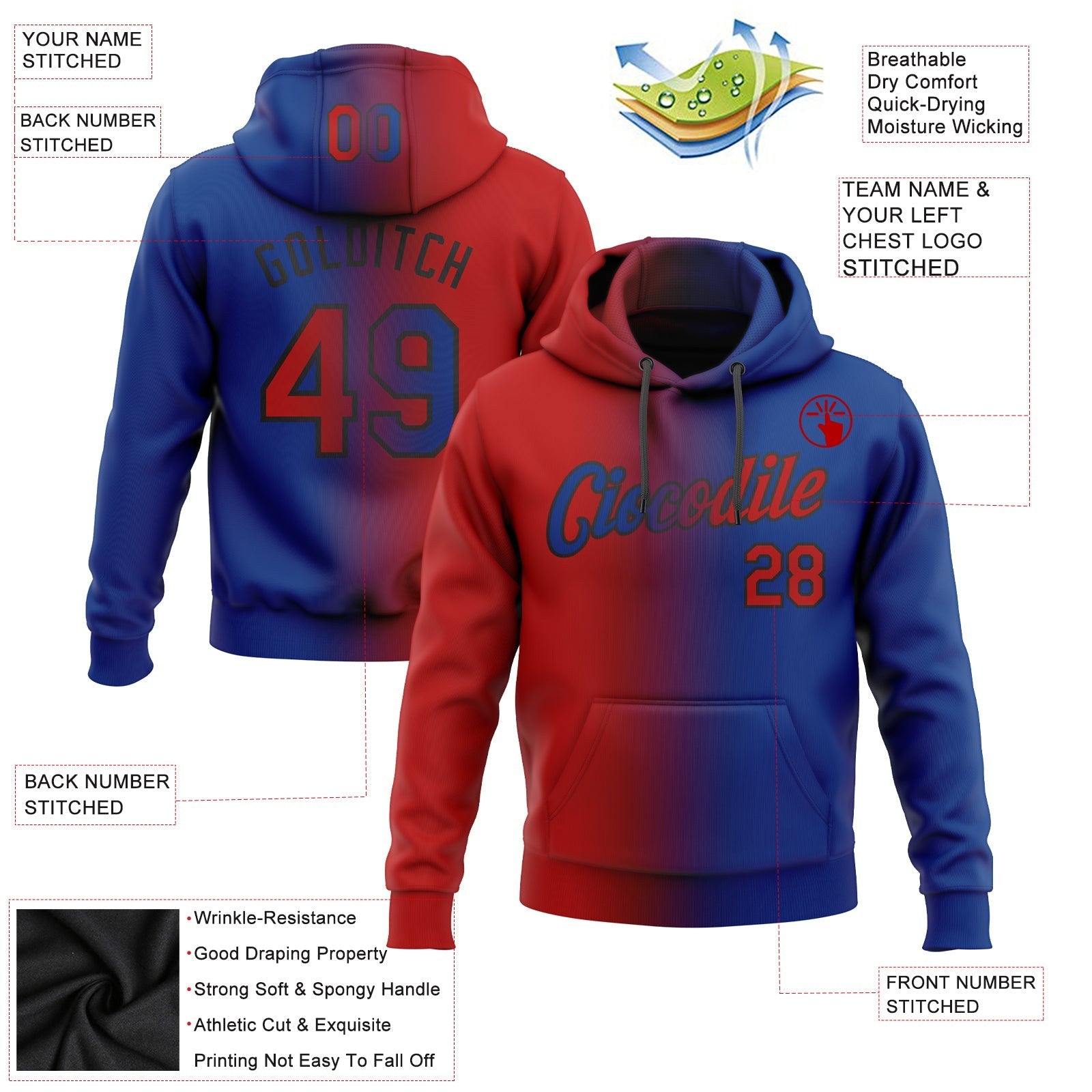 Custom Stitched Royal Red-Black Gradient Fashion Sports Pullover Sweatshirt Hoodie photo 2