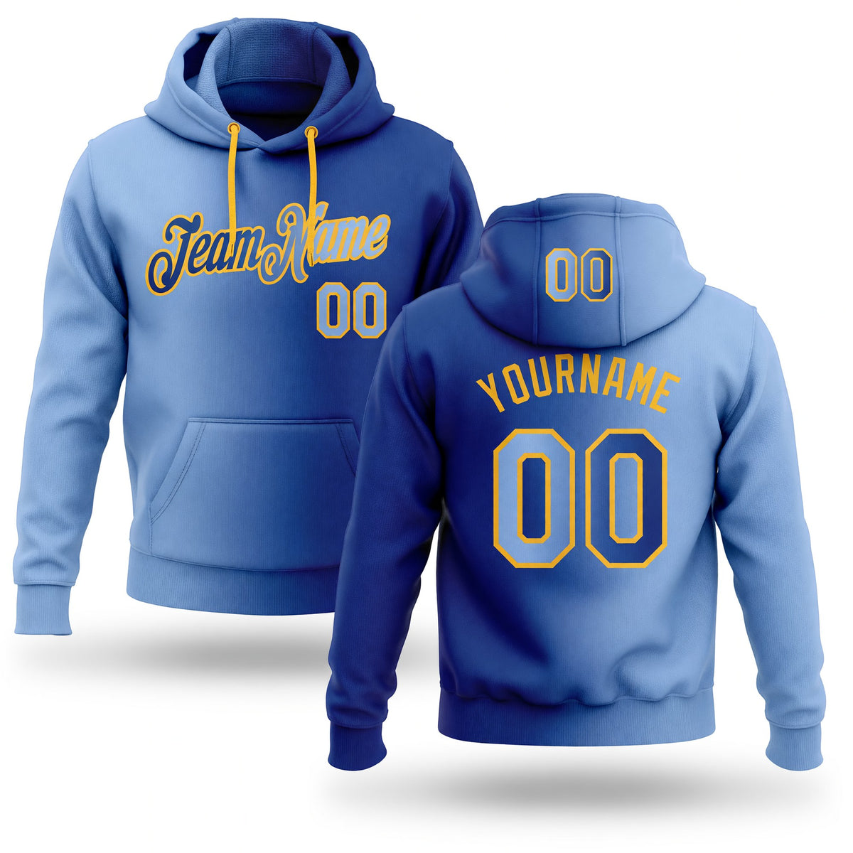Custom Stitched Royal Light Blue-Gold Gradient Fashion Sports Pullover Sweatshirt Hoodie