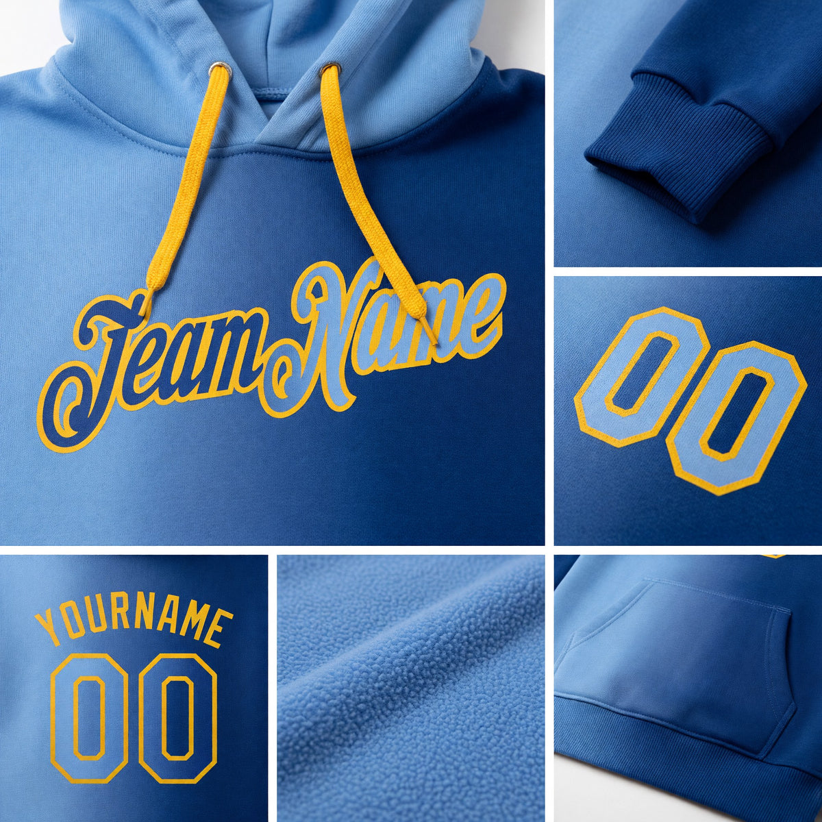 Custom Stitched Royal Light Blue-Gold Gradient Fashion Sports Pullover Sweatshirt Hoodie detail