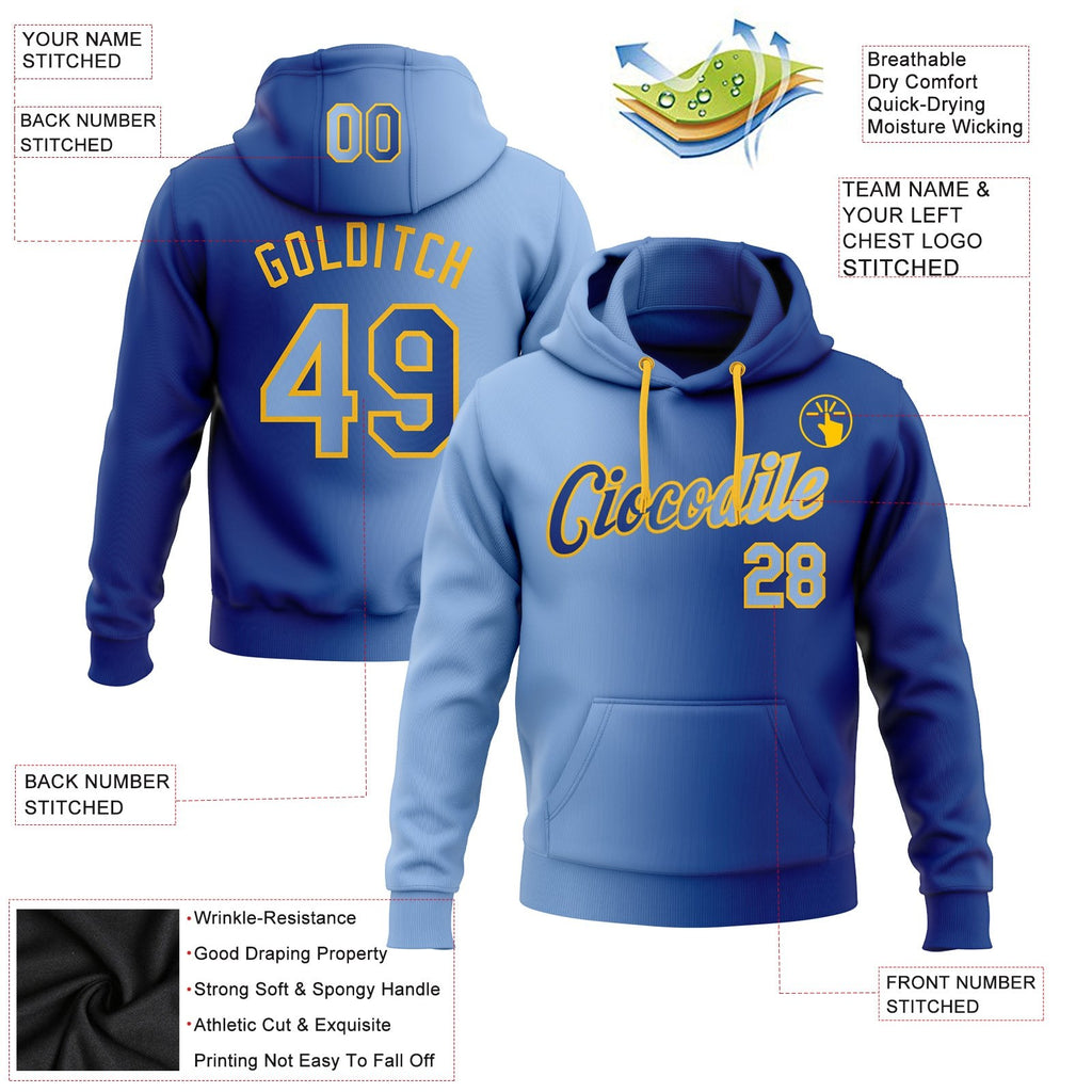 Custom Stitched Royal Light Blue-Gold Gradient Fashion Sports Pullover Sweatshirt Hoodie photo 2