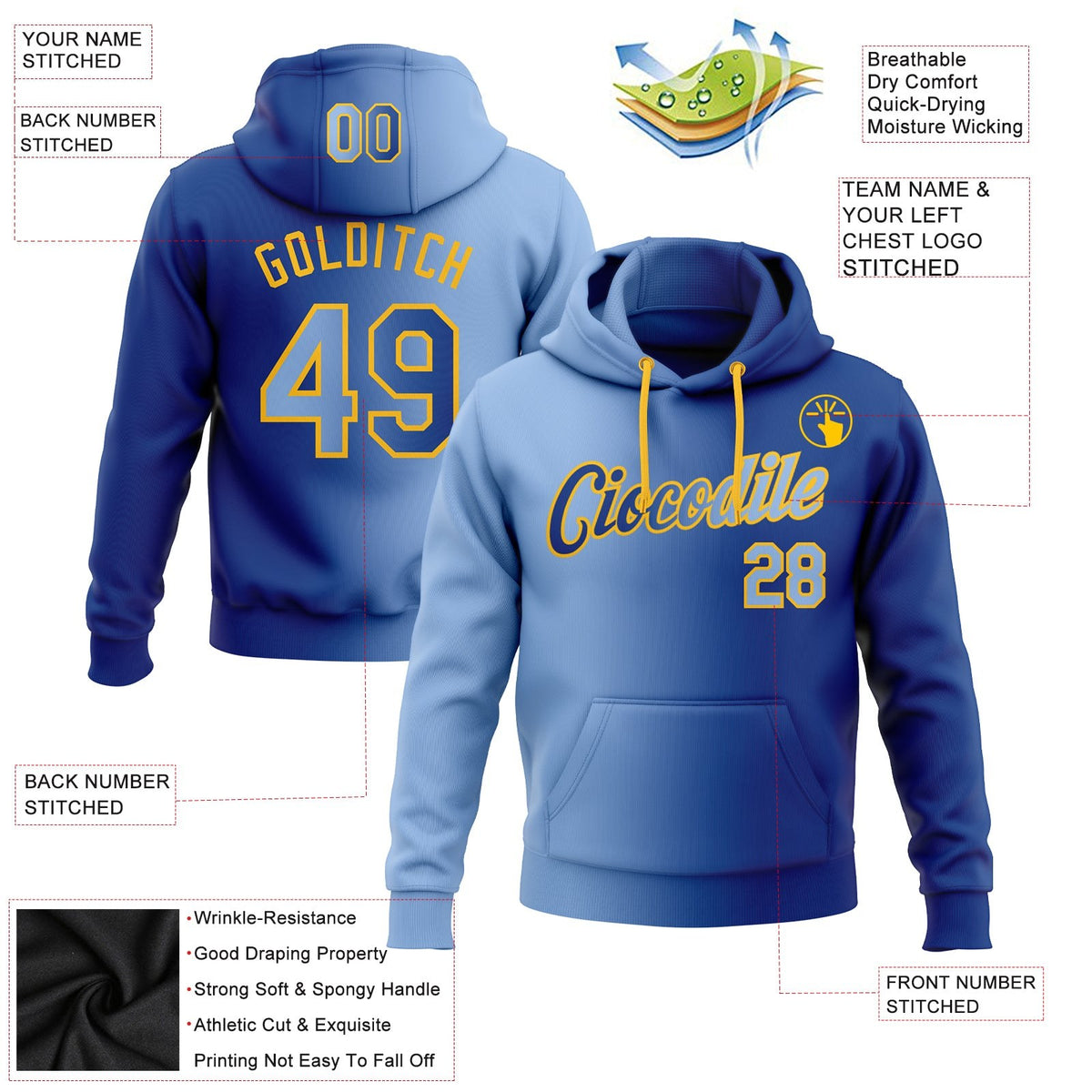 Custom Stitched Royal Light Blue-Gold Gradient Fashion Sports Pullover Sweatshirt Hoodie photo 2