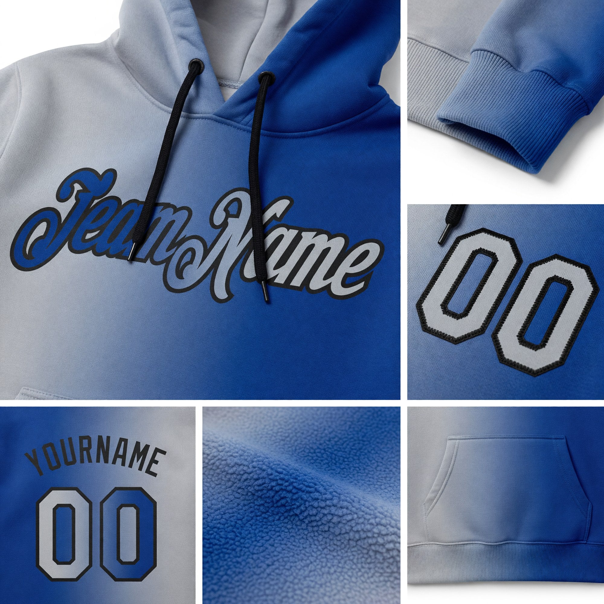Custom Stitched Royal Gray-Black Gradient Fashion Sports Pullover Sweatshirt Hoodie detail